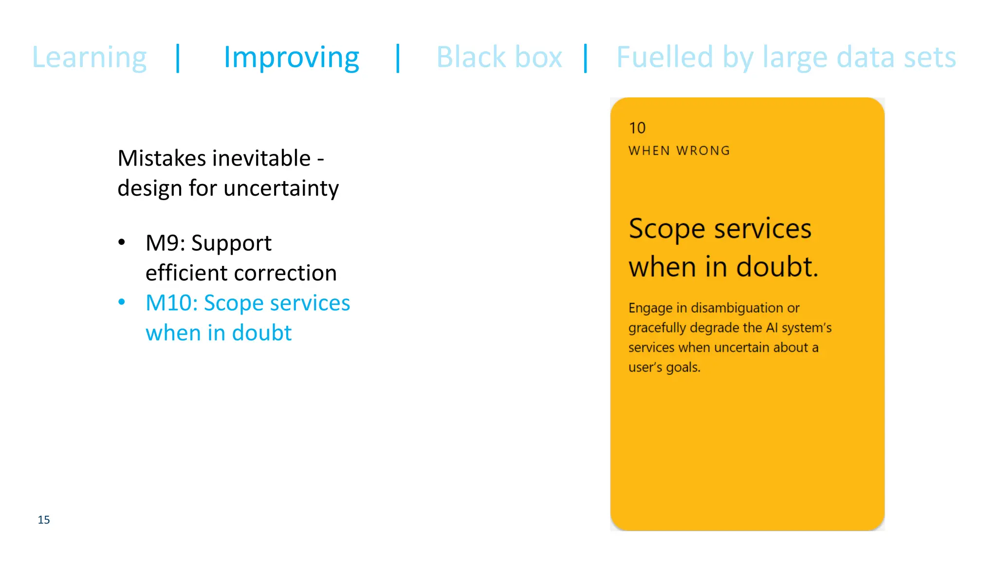 15
Mistakes inevitable -
design for uncertainty
• M9: Support
efficient correction
• M10: Scope services
when in doubt
Learning | Improving | Black box | Fuelled by large data sets
 