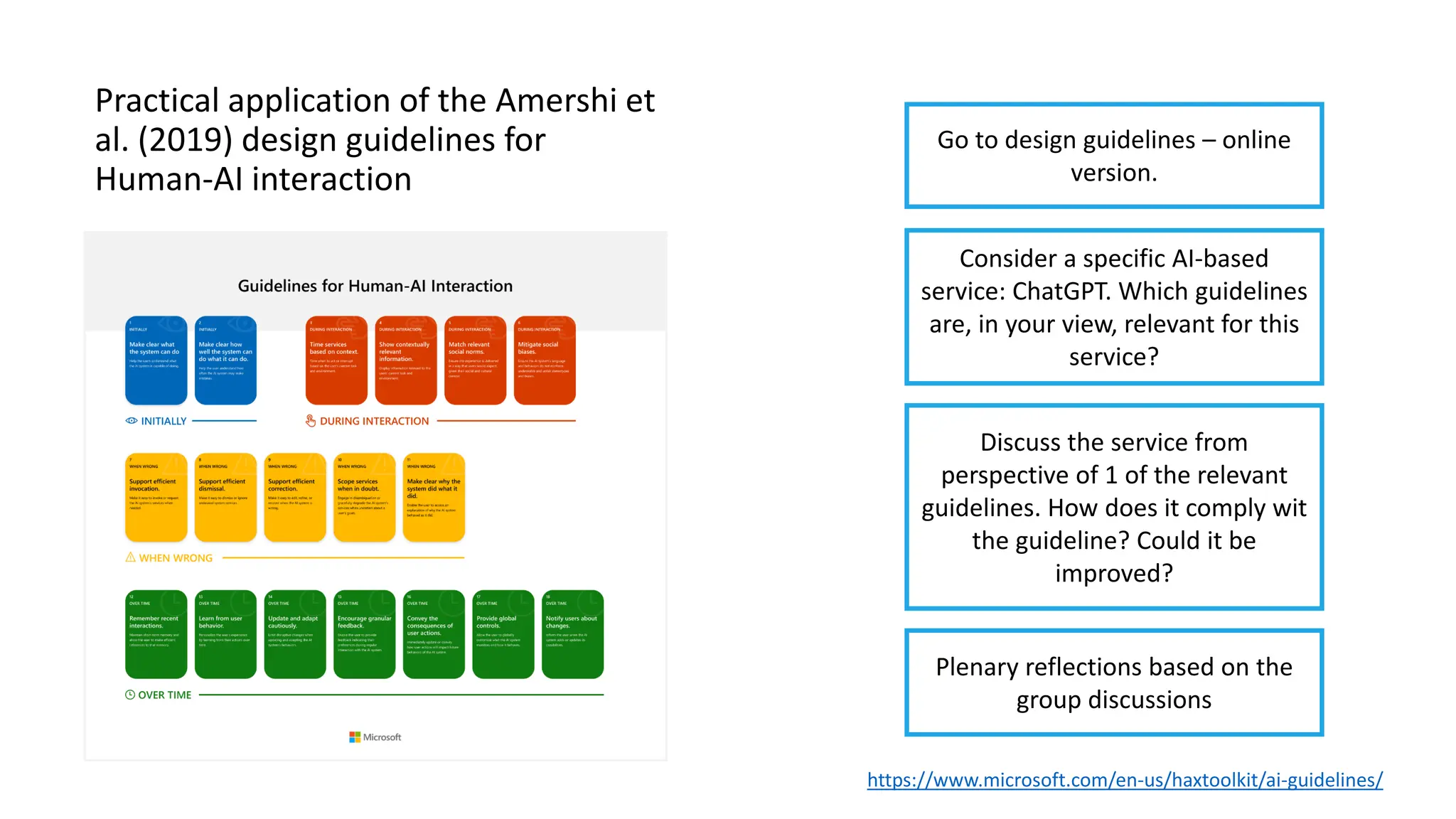 Practical application of the Amershi et
al. (2019) design guidelines for
Human-AI interaction
https://www.microsoft.com/en-us/haxtoolkit/ai-guidelines/
Consider a specific AI-based
service: ChatGPT. Which guidelines
are, in your view, relevant for this
service?
Discuss the service from
perspective of 1 of the relevant
guidelines. How does it comply wit
the guideline? Could it be
improved?
Go to design guidelines – online
version.
Plenary reflections based on the
group discussions
 