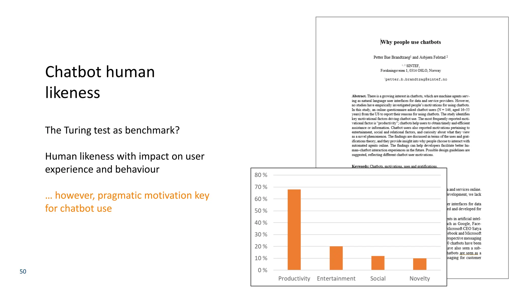 50
Chatbot human
likeness
The Turing test as benchmark?
Human likeness with impact on user
experience and behaviour
… however, pragmatic motivation key
for chatbot use
 