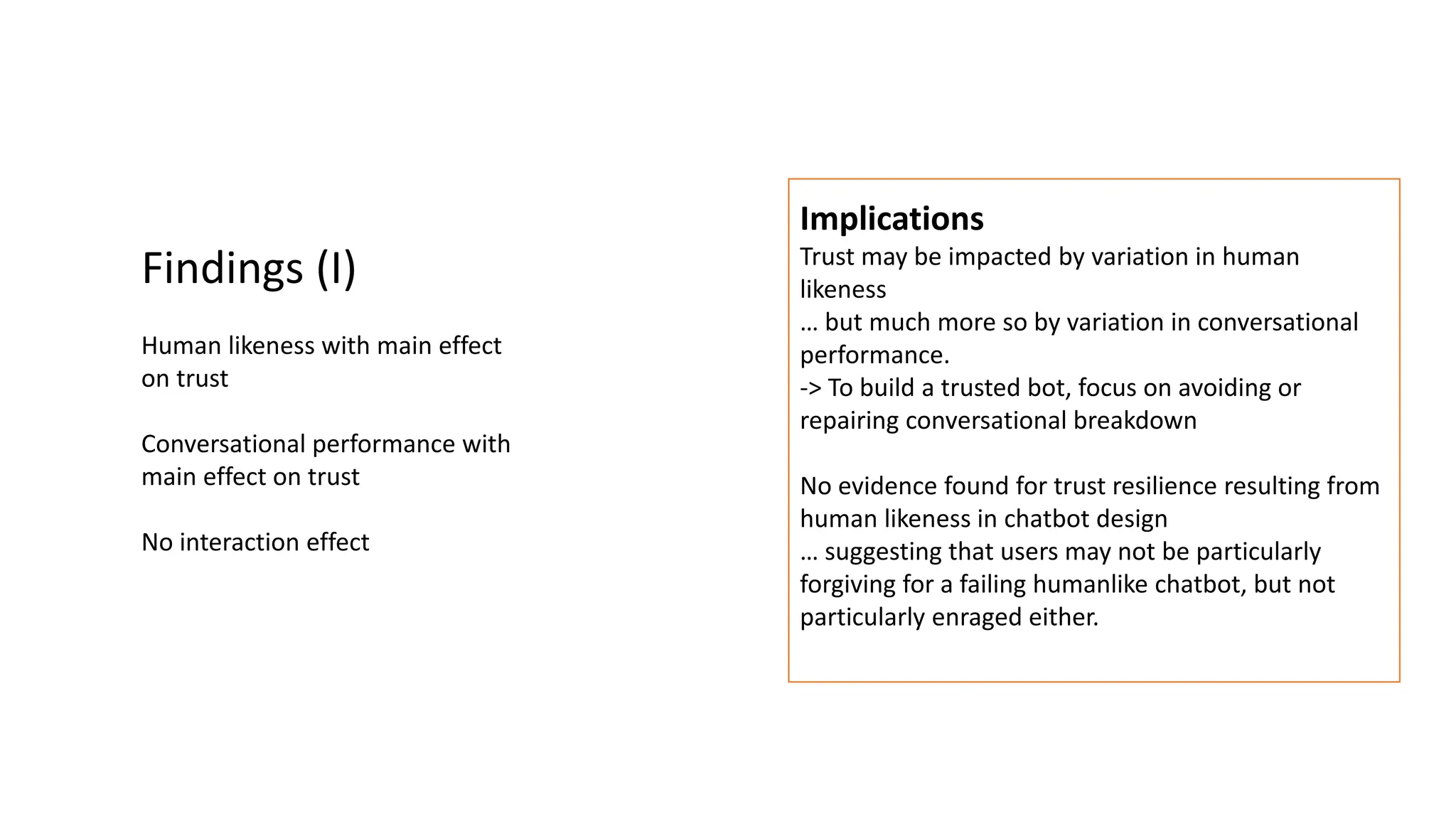 Findings (I)
Human likeness with main effect
on trust
Conversational performance with
main effect on trust
No interaction effect
Implications
Trust may be impacted by variation in human
likeness
… but much more so by variation in conversational
performance.
-> To build a trusted bot, focus on avoiding or
repairing conversational breakdown
No evidence found for trust resilience resulting from
human likeness in chatbot design
… suggesting that users may not be particularly
forgiving for a failing humanlike chatbot, but not
particularly enraged either.
 