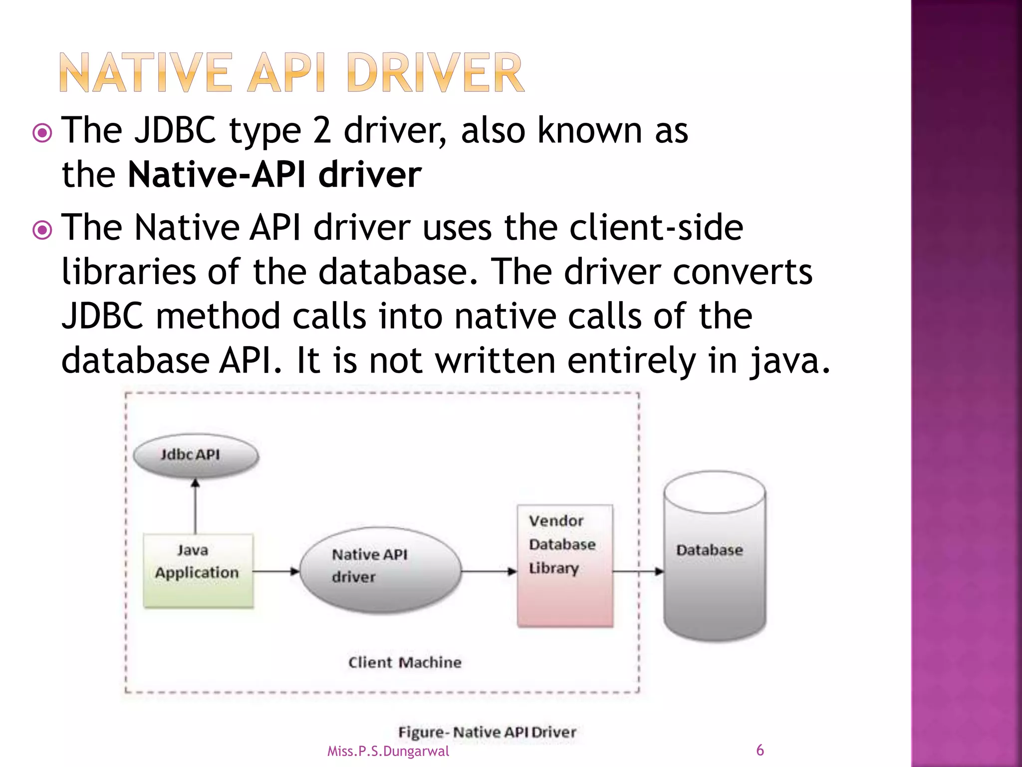  The JDBC type 2 driver, also known as the Native-API driver  The Native API driver uses the client-side libraries of the database. The driver converts JDBC method calls into native calls of the database API. It is not written entirely in java. 6Miss.P.S.Dungarwal 