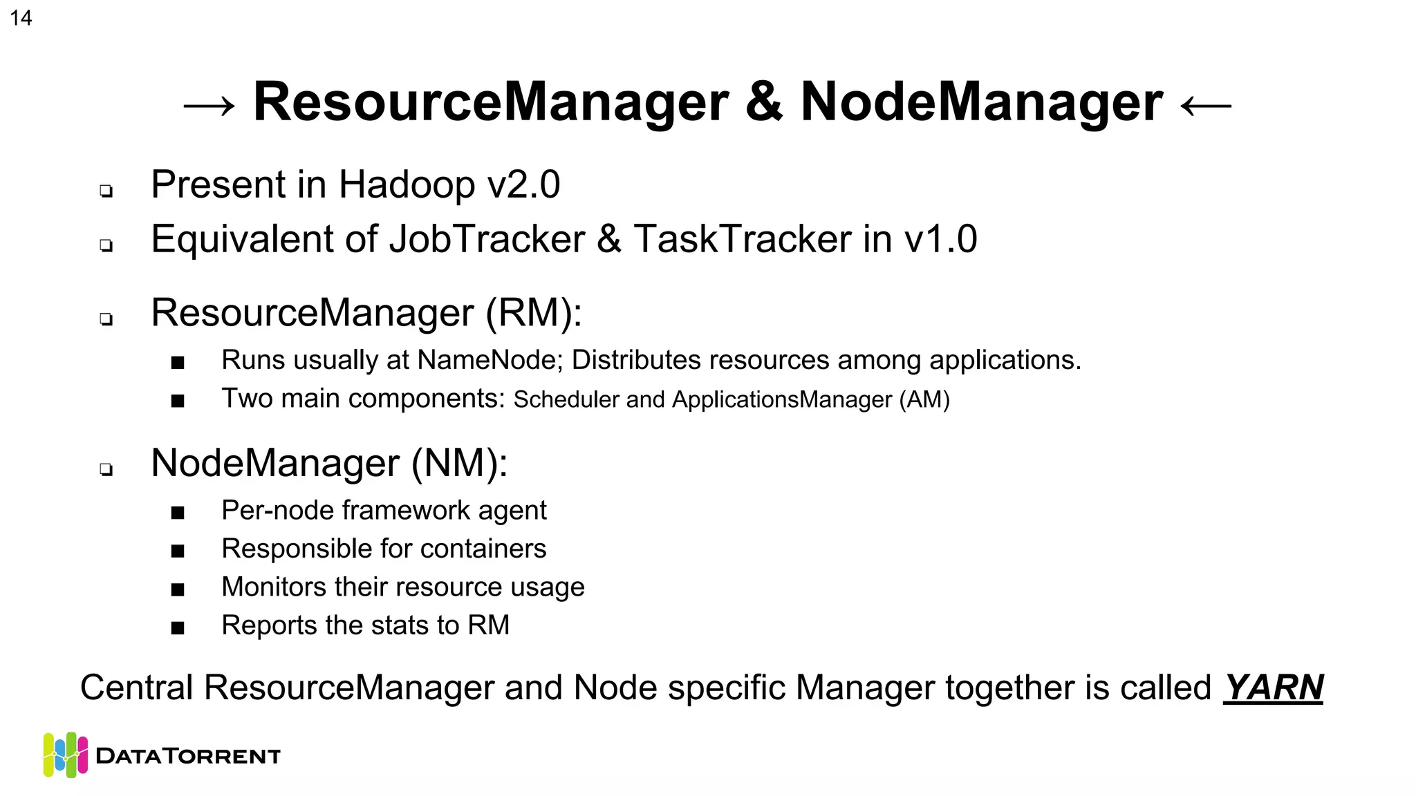 → ResourceManager & NodeManager ←
❏ Present in Hadoop v2.0
❏ Equivalent of JobTracker & TaskTracker in v1.0
❏ ResourceManager (RM):
■ Runs usually at NameNode; Distributes resources among applications.
■ Two main components: Scheduler and ApplicationsManager (AM)
❏ NodeManager (NM):
■ Per-node framework agent
■ Responsible for containers
■ Monitors their resource usage
■ Reports the stats to RM
Central ResourceManager and Node specific Manager together is called YARN
14
 