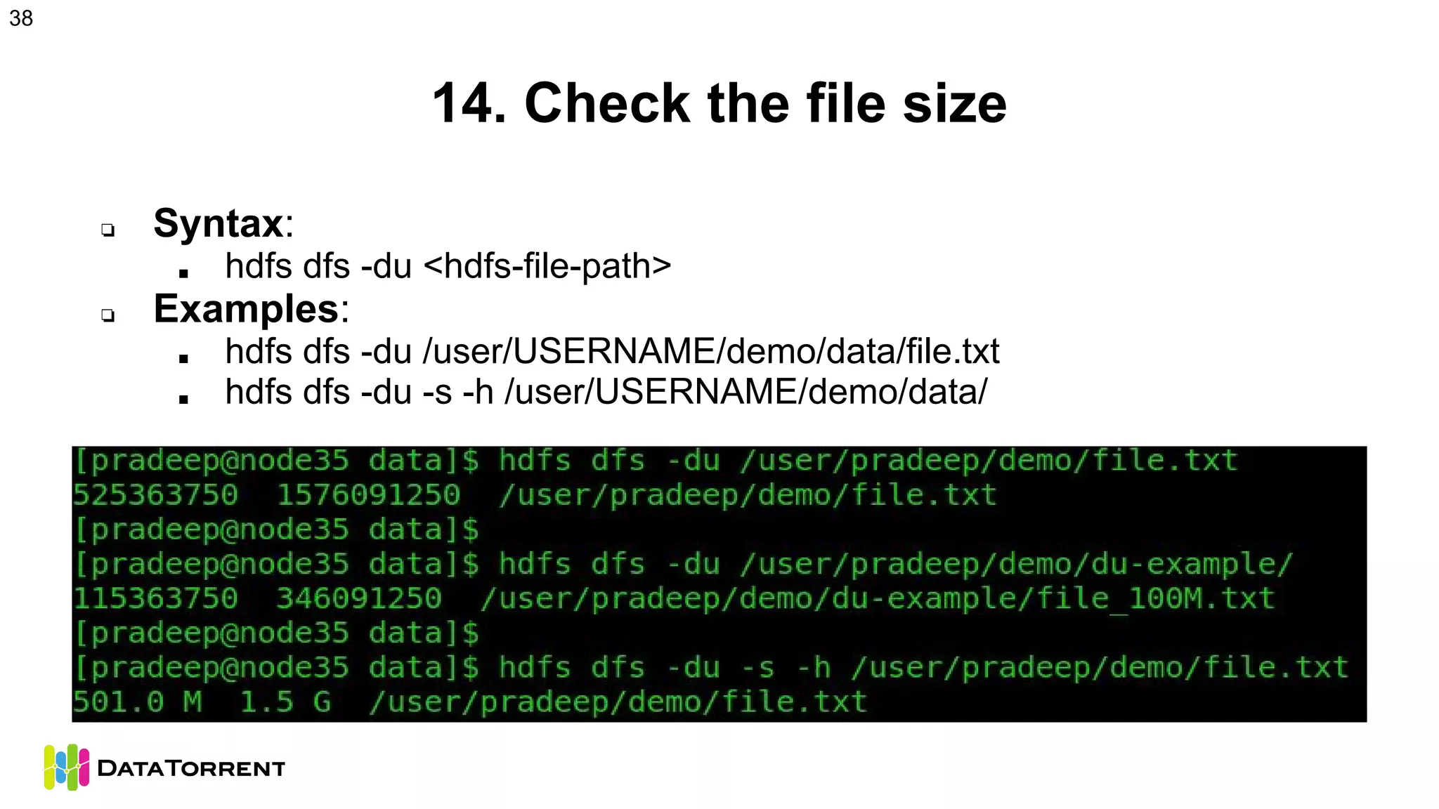 14. Check the file size
❏ Syntax:
■ hdfs dfs -du <hdfs-file-path>
❏ Examples:
■ hdfs dfs -du /user/USERNAME/demo/data/file.txt
■ hdfs dfs -du -s -h /user/USERNAME/demo/data/
38
 