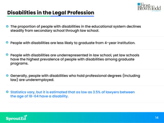 Disabilities in the Legal Profession
14
• The proportion of people with disabilities in the educational system declines
steadily from secondary school through law school.
• People with disabilities are less likely to graduate from 4-year institution.
• People with disabilities are underrepresented in law school, yet law schools
have the highest prevalence of people with disabilities among graduate
programs.
• Generally, people with disabilities who hold professional degrees (including
law) are underemployed.
• Statistics vary, but it is estimated that as low as 3.5% of lawyers between
the age of 18-64 have a disability.
 