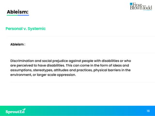 Ableism:
16
Ableism :
Discrimination and social prejudice against people with disabilities or who
are perceived to have disabilities. This can come in the form of ideas and
assumptions, stereotypes, attitudes and practices, physical barriers in the
environment, or larger scale oppression.
Personal v. Systemic
 