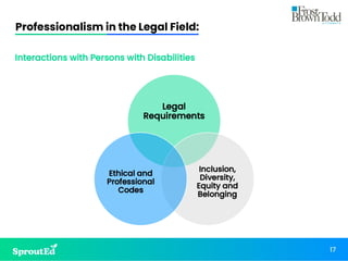 Professionalism in the Legal Field:
17
Interactions with Persons with Disabilities
Legal
Requirements
Inclusion,
Diversity,
Equity and
Belonging
Ethical and
Professional
Codes
 