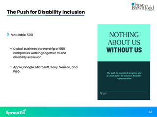 The Push for Disability Inclusion
32
• Valuable 500
• Global business partnership of 500
companies working together to end
disability exclusion.
• Apple, Google, Microsoft, Sony, Verizon, and
P&G.
 