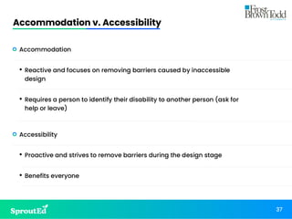 Accommodation v. Accessibility
37
• Accommodation
• Reactive and focuses on removing barriers caused by inaccessible
design
• Requires a person to identify their disability to another person (ask for
help or leave)
• Accessibility
• Proactive and strives to remove barriers during the design stage
• Benefits everyone
 