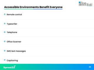 Accessible Environments Benefit Everyone
38
• Remote control
• Typewriter
• Telephone
• Office Scanner
• SMS text messages
• Captioning
 