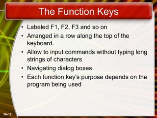 The Function Keys
• Labeled F1, F2, F3 and so on
• Arranged in a row along the top of the
keyboard.
• Allow to input commands without typing long
strings of characters
• Navigating dialog boxes
• Each function key's purpose depends on the
program being used

3A-12

 