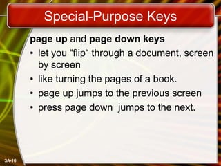 Special-Purpose Keys
page up and page down keys
• let you ―flip― through a document, screen
by screen
• like turning the pages of a book.
• page up jumps to the previous screen
• press page down jumps to the next.

3A-16

 