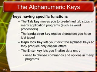 The Alphanumeric Keys
keys having specific functions
– The Tab key moves you to predefined tab stops in
many application programs (such as word
processors).
– The backspace key erases characters you have
just typed
– Caps lock key lets you "lock* the alphabet keys so
they produce only capital letters.
– The Enter key lets you finalize data entry
• used to choose commands and options in many
programs

3A-9

 