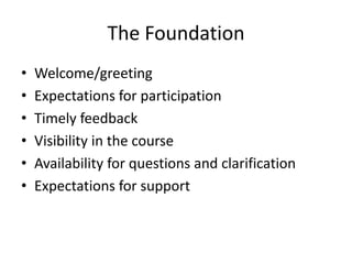 The FoundationWelcome/greetingExpectations for participationTimely feedbackVisibility in the courseAvailability for questions and clarificationExpectations for support
