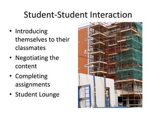 Student-Student InteractionIntroducing themselves to their classmatesNegotiating the contentCompleting assignmentsStudent Lounge