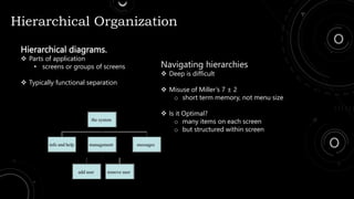 Hierarchical Organization
Hierarchical diagrams.
 Parts of application
• screens or groups of screens
 Typically functional separation
Navigating hierarchies
 Deep is difficult
 Misuse of Miller’s 7 ± 2
o short term memory, not menu size
 Is it Optimal?
o many items on each screen
o but structured within screen
 