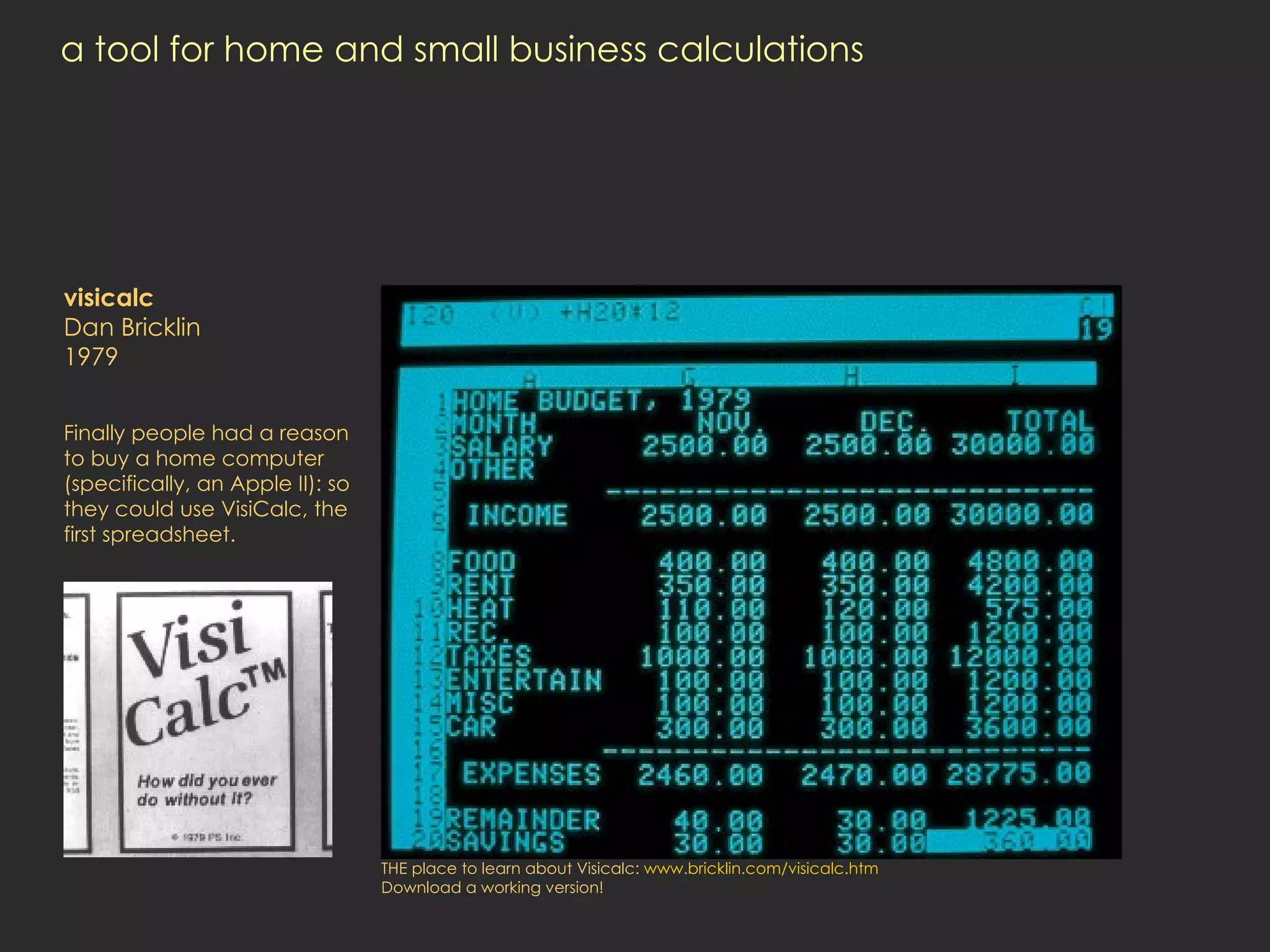 a tool for home and small business calculations visicalc Dan Bricklin 1979 Finally people had a reason to buy a home computer (specifically, an Apple II): so they could use VisiCalc, the first spreadsheet.  THE place to learn about Visicalc:  www.bricklin.com/visicalc.htm Download a working version! 