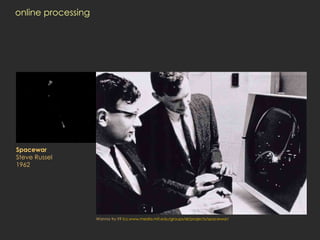 online processing Spacewar Steve Russel 1962   Wanna try it?  lcs.www.media.mit.edu/groups/el/projects/spacewar / 