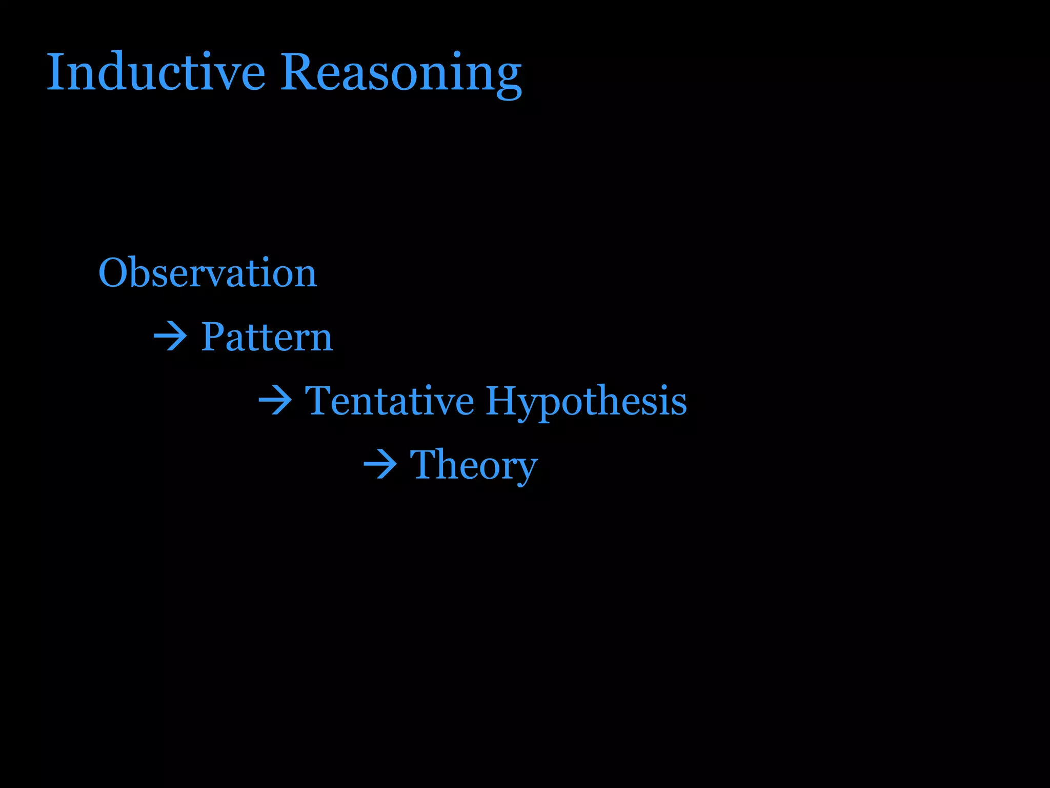 Inductive Reasoning Observation    Pattern    Tentative Hypothesis    Theory 