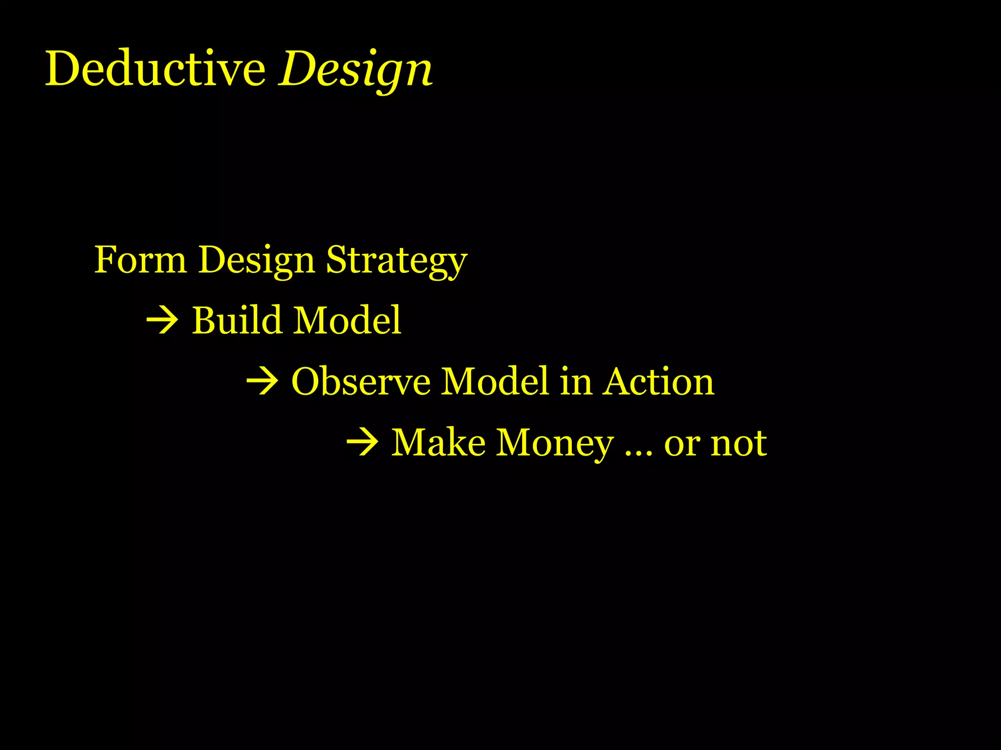 Deductive  Design Form Design Strategy    Build Model    Observe Model in Action    Make Money … or not 