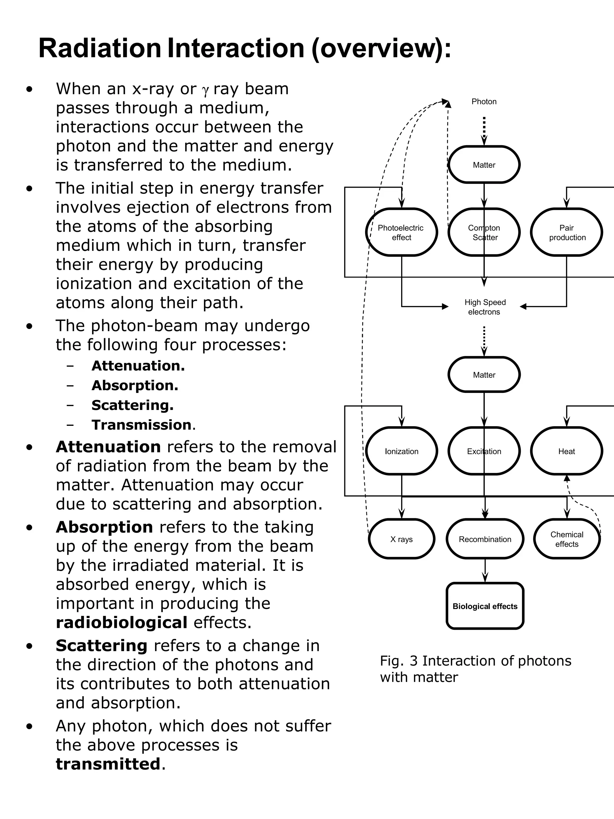 When an x-ray or  γ   ray beam passes through a medium, interactions occur between the photon and the matter and energy is transferred to the medium. The initial step in energy transfer involves ejection of electrons from the atoms of the absorbing medium which in turn, transfer their energy by producing ionization and excitation of the atoms along their path. The photon-beam may undergo the following four processes: Attenuation. Absorption. Scattering. Transmission . Attenuation  refers to the removal of radiation from the beam by the matter. Attenuation may occur due to scattering and absorption. Absorption  refers to the taking up of the energy from the beam by the irradiated material. It is absorbed energy, which is important in producing the  radiobiological  effects. Scattering  refers to a change in the direction of the photons and its contributes to both attenuation and absorption. Any photon, which does not suffer the above processes is  transmitted . Radiation Interaction (overview): Fig. 3 Interaction of photons with matter Photon Matter Photoelectric  effect Compton Scatter Pair production High Speed electrons Matter Ionization Excitation Heat Recombination X rays Chemical effects Biological effects 