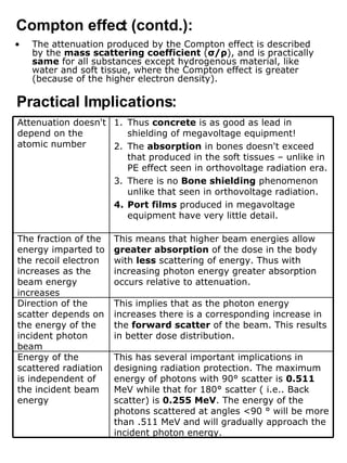 The attenuation produced by the Compton effect is described by the  mass scattering coefficient  ( σ / ρ ), and is practically  same  for all substances except hydrogenous material, like water and soft tissue, where the Compton effect is greater (because of the higher electron density). Compton effect (contd.): Practical Implications: This has several important implications in designing radiation protection. The maximum energy of photons with 90° scatter is  0.511  MeV while that for 180° scatter ( i.e.. Back scatter) is  0.255 MeV . The energy of the photons scattered at angles <90 ° will be more than .511 MeV and will gradually approach the incident photon energy. Energy of the scattered radiation is independent of the incident beam energy This implies that as the photon energy increases there is a corresponding increase in the  forward scatter  of the beam. This results in better dose distribution. Direction of the scatter depends on the energy of the incident photon beam This means that higher beam energies allow  greater absorption  of the dose in the body with  less  scattering of energy. Thus with increasing photon energy greater absorption occurs relative to attenuation.  The fraction of the  energy imparted to the recoil electron increases as the beam energy increases Thus  concrete  is as good as lead in shielding of megavoltage equipment! The  absorption  in bones doesn't exceed that produced in the soft tissues – unlike in PE effect seen in orthovoltage radiation era. There is no  Bone shielding  phenomenon unlike that seen in orthovoltage radiation. Port films  produced in megavoltage equipment have very little detail.  Attenuation doesn't depend on the atomic number  