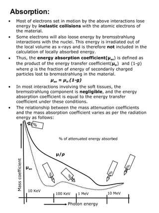 Most of electrons set in motion by the above interactions lose energy by  inelastic collisions  with the atomic electrons of the material. Some electrons will also loose energy by bremsstrahlung interactions with the nuclei. This energy is irradiated out of the local volume as x-rays and is therefore  not  included in the calculation of locally absorbed energy. Thus, the  energy absorption coefficient( μ en ) is defined as the product of the energy transfer coefficient( μ tr )  and (1- g ) where  g  is the fraction of energy of secondarily charged particles lost to bremsstrahlung in the material.    μ en   =  μ tr  (1-g) In most interactions involving the soft tissues, the bremsstrahlung component is  negligible , and the energy absorption coefficient is equal to the energy transfer coefficient under these conditions. The relationship between the mass attenuation coefficients and the mass absorption coefficient varies as per the radiation energy as follows: Absorption: Photon energy Mass coefficient 100 KeV 1 MeV 10 MeV 91% 15% 46% 71% 96% 10 KeV % of attenuated energy absorbed μ en μ / ρ 