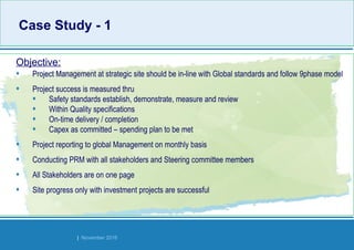 Strides Bangalore | November 2016
• Project Management at strategic site should be in-line with Global standards and follow 9phase model
• Project success is measured thru
• Safety standards establish, demonstrate, measure and review
• Within Quality specifications
• On-time delivery / completion
• Capex as committed – spending plan to be met
• Project reporting to global Management on monthly basis
• Conducting PRM with all stakeholders and Steering committee members
• All Stakeholders are on one page
• Site progress only with investment projects are successful
Objective:
Case Study - 1Case Study - 1
 