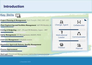 Strides Bangalore | November 2016
IntroductionIntroduction
Key Skills
Project Planning & Management: Tech Transfer, PMO, GMP, GEP,
Plant Engineering and Facilities Management SAP PM Module, RCM, OEE
Costing & Budgeting : SAP – PS and PM Modules, Capex – IMT
Safety Management: SIS Management, HAZOP, PSUA
Contracts Management :Schedule review
Regulatory Approvals liaisons, Quality Management
Process Improvement
Start-ups : Punch List Management, Cold & Hot Commissioning,
 