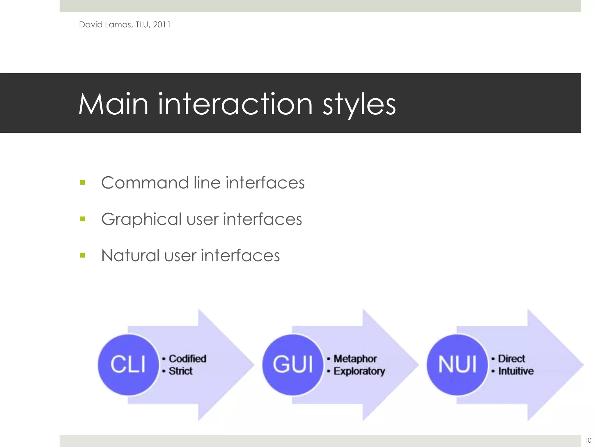 Main interaction stylesCommand line interfacesGraphical user interfacesNatural user interfacesDavid Lamas, TLU, 201110