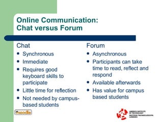 Online Communication:  Chat versus Forum Chat Synchronous Immediate Requires good keyboard skills to participate Little time for reflection Not needed by campus-based students Forum Asynchronous Participants can take time to read, reflect and respond Available afterwards Has value for campus based students 