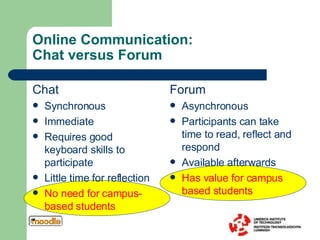 Online Communication:  Chat versus Forum Chat Synchronous Immediate Requires good keyboard skills to participate Little time for reflection No need for campus-based students Forum Asynchronous Participants can take time to read, reflect and respond Available afterwards Has value for campus based students 