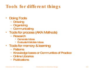 Tools for different things Doing Tools Drawing Organizing Communicating Tools for process (AKA Methods) Research Generate Ideas Evaluate/Validate Ideas Tools for memory & learning Patterns Knowledge bases or Communities of Practice Online Libraries Publications Interaction 09 | Vancouver Introduction to Interaction Design 