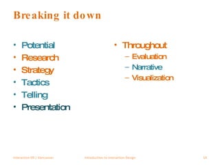 Breaking it down Potential Research Strategy Tactics Telling Presentation Throughout Evaluation Narrative Visualization Interaction 09 | Vancouver Introduction to Interaction Design 