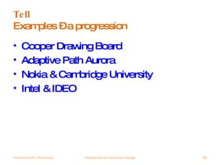 Tell Examples – a progression Cooper Drawing Board Adaptive Path Aurora Nokia & Cambridge University Intel & IDEO Interaction 09 | Vancouver Introduction to Interaction Design 
