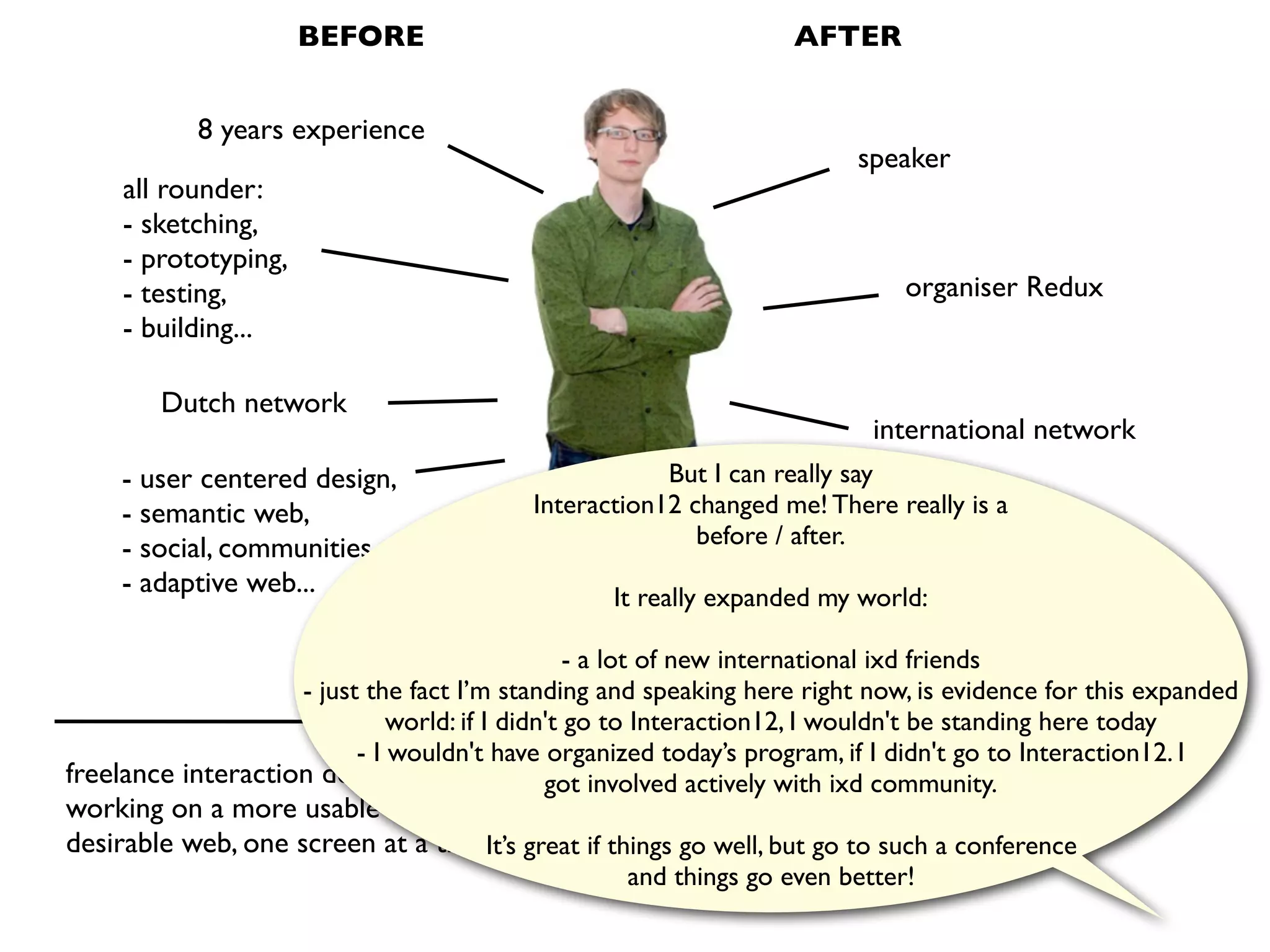 BEFORE                                      AFTER


            8 years experience
                                                                        speaker
     all rounder:
     - sketching,
     - prototyping,
     - testing,                                                             organiser Redux
     - building...

        Dutch network
                                                                         international network
     - user centered design,                          But I can really say
     - semantic web,                      Interaction12 changed me! There really is a
     - social, communities,                              before / after.
     - adaptive web...                           It really expanded my world:

                                                 - a lot of new international ixd friends
                    - just the fact I’m standing and speaking here right now, is evidence for this expanded
                              world: if I didn't go to Interaction12, I wouldn't be standing here today
                          - I wouldn't have organized today’s program, if I didn't go to Interaction12. I
freelance interaction designer                got involved actively with ixd community.
working on a more usable and
desirable web, one screen at a timeIt’s great if things go well, but go to such a conference
                                                   and things go even better!
 