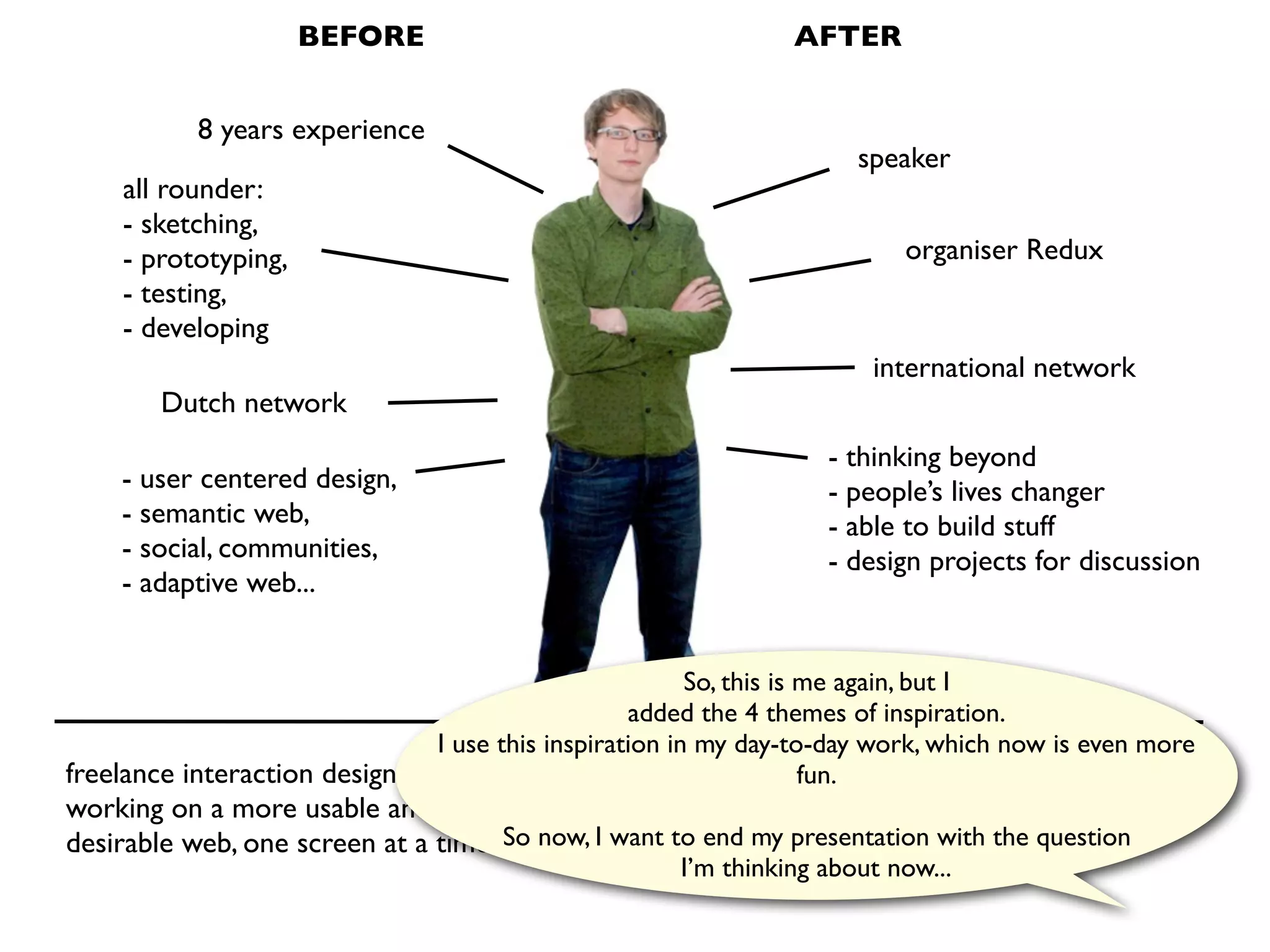 BEFORE                                   AFTER


           8 years experience
                                                                     speaker
     all rounder:
     - sketching,
     - prototyping,                                                      organiser Redux
     - testing,
     - developing
                                                                      international network
        Dutch network
                                                                  - thinking beyond
    - user centered design,                                       - people’s lives changer
    - semantic web,                                               - able to build stuff
    - social, communities,                                        - design projects for discussion
    - adaptive web...


                                                        So, this is me again, but I
                                                  added the 4 themes of inspiration.
                               I use this inspiration in my day-to-day work, which now is even more
freelance interaction designer
working on a more usable and
                                                                    fun.         ?
desirable web, one screen at a time So now, I want to end my presentation with the question
                                                     I’m thinking about now...
 