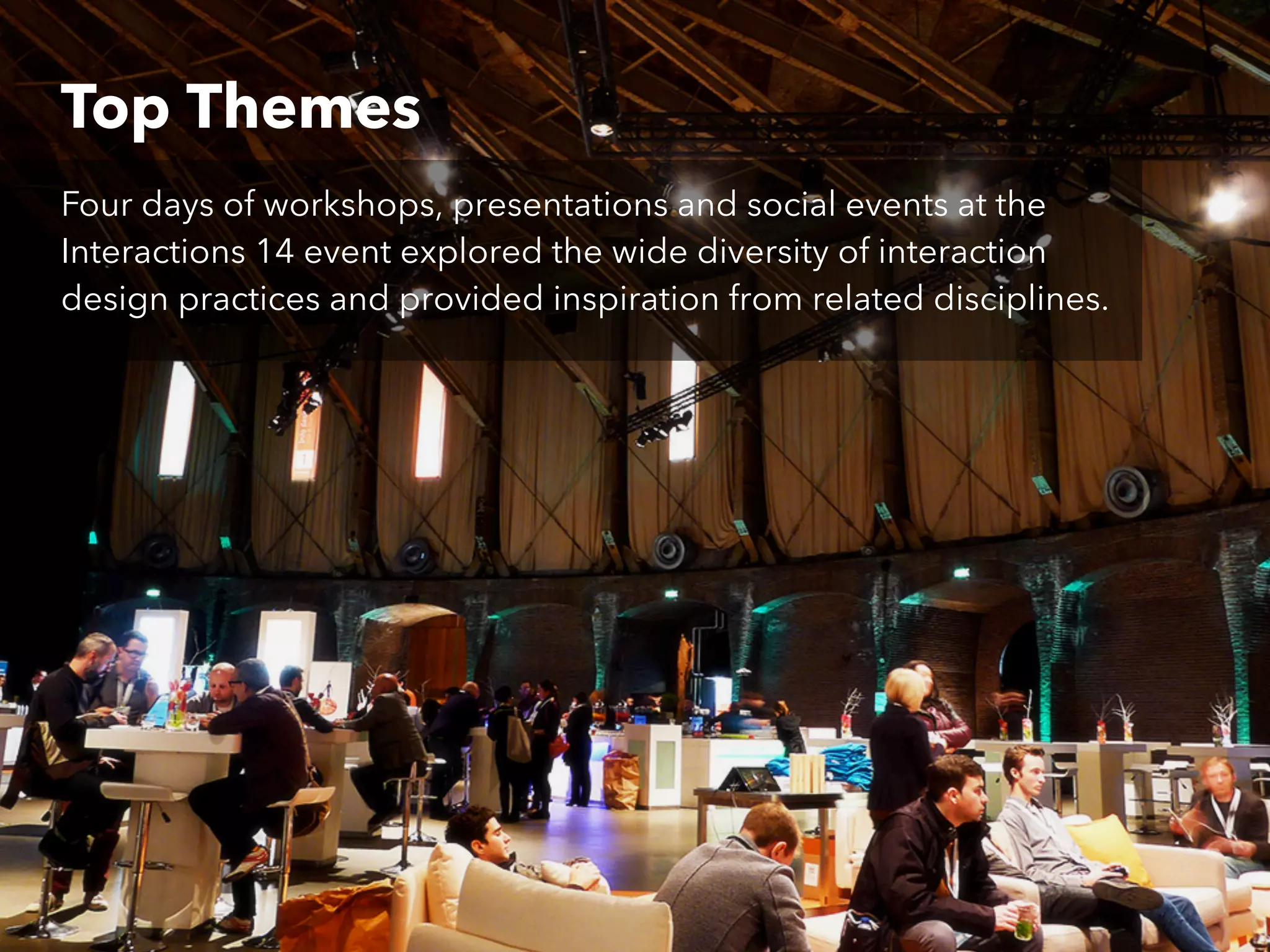 Top Themes
Four days of workshops, presentations and social events at the
Interactions 14 event explored the wide diversity of interaction
design practices and provided inspiration from related disciplines.

 