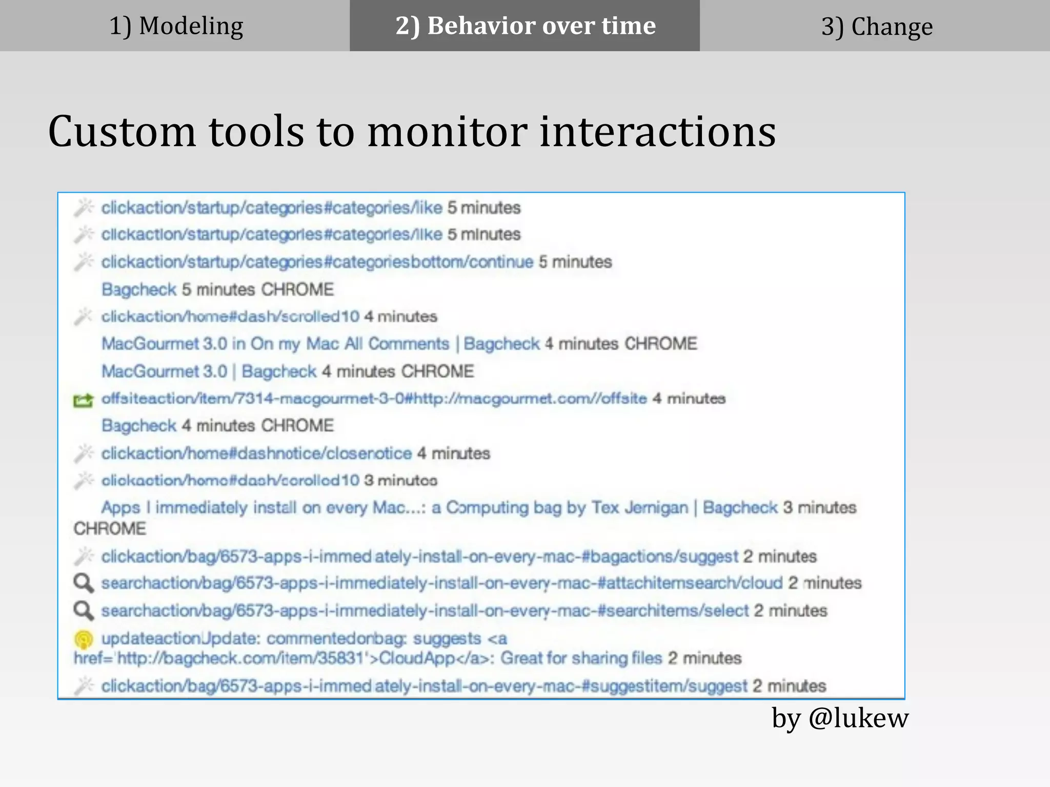 1)	
  Modeling 2)	
  Behavior	
  over	
  time 3)	
  Change
	
  	
  	
  	
  Custom	
  tools	
  to	
  monitor	
  interactions
by	
  @lukew
 