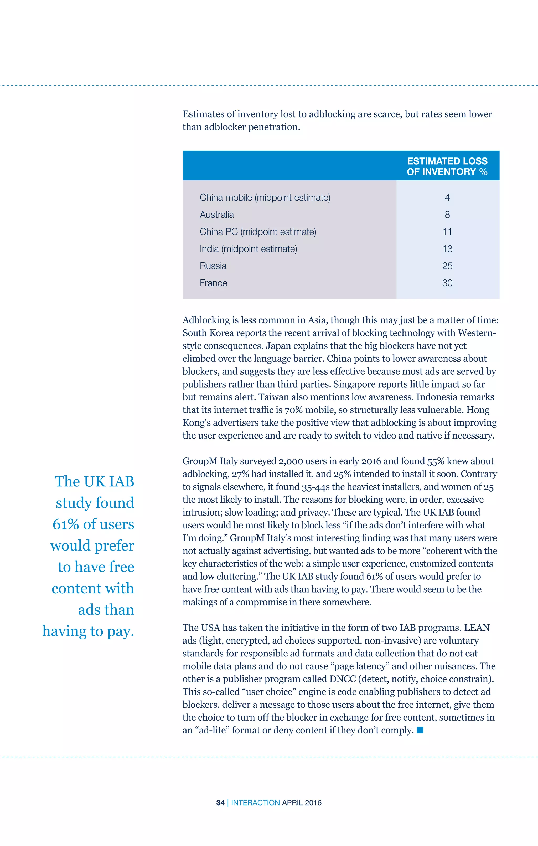 34 | INTERACTION APRIL 2016
	 ESTIMATED LOSS
	 OF INVENTORY %
China mobile (midpoint estimate)	4
Australia	8
China PC (midpoint estimate)	 11
India (midpoint estimate)	 13
Russia	25
France	 30
The UK IAB
study found
61% of users
would prefer
to have free
content with
ads than
having to pay.
Estimates of inventory lost to adblocking are scarce, but rates seem lower
than adblocker penetration.
Adblocking is less common in Asia, though this may just be a matter of time:
South Korea reports the recent arrival of blocking technology with Western-
style consequences. Japan explains that the big blockers have not yet
climbed over the language barrier. China points to lower awareness about
blockers, and suggests they are less effective because most ads are served by
publishers rather than third parties. Singapore reports little impact so far
but remains alert. Taiwan also mentions low awareness. Indonesia remarks
that its internet traffic is 70% mobile, so structurally less vulnerable. Hong
Kong’s advertisers take the positive view that adblocking is about improving
the user experience and are ready to switch to video and native if necessary.
GroupM Italy surveyed 2,000 users in early 2016 and found 55% knew about
adblocking, 27% had installed it, and 25% intended to install it soon. Contrary
to signals elsewhere, it found 35-44s the heaviest installers, and women of 25
the most likely to install. The reasons for blocking were, in order, excessive
intrusion; slow loading; and privacy. These are typical. The UK IAB found
users would be most likely to block less “if the ads don’t interfere with what
I’m doing.” GroupM Italy’s most interesting finding was that many users were
not actually against advertising, but wanted ads to be more “coherent with the
key characteristics of the web: a simple user experience, customized contents
and low cluttering.” The UK IAB study found 61% of users would prefer to
have free content with ads than having to pay. There would seem to be the
makings of a compromise in there somewhere.
The USA has taken the initiative in the form of two IAB programs. LEAN
ads (light, encrypted, ad choices supported, non-invasive) are voluntary
standards for responsible ad formats and data collection that do not eat
mobile data plans and do not cause “page latency” and other nuisances. The
other is a publisher program called DNCC (detect, notify, choice constrain).
This so-called “user choice” engine is code enabling publishers to detect ad
blockers, deliver a message to those users about the free internet, give them
the choice to turn off the blocker in exchange for free content, sometimes in
an “ad-lite” format or deny content if they don’t comply. n
 