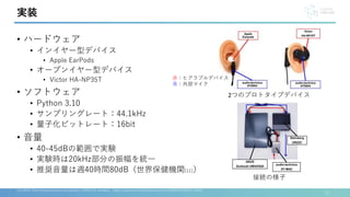 11
実装
• ハードウェア
• インイヤー型デバイス
• Apple EarPods
• オープンイヤー型デバイス
• Victor HA-NP35T
• ソフトウェア
• Python 3.10
• サンプリングレート：44.1kHz
• 量子化ビットレート：16bit
• 音量
• 40-45dBの範囲で実験
• 実験時は20kHz部分の振幅を統一
• 推奨音量は週40時間80dB（世界保健機関[11]）
[11] WHO: Safe listening devices and systems: a WHO-ITU standard， https://www.who.int/publications/i/item/9789241515276/ (2019).
2つのプロトタイプデバイス
接続の様子
赤：ヒアラブルデバイス
青：外部マイク
 