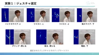 17
実験１：ジェスチャ選定
ユーザビリティ
ドップラーシフト領域 類似性
選定されたジェスチャとそのドップラーシフト
ハンドスワイプ - 2 ツイスト - 1 ツイスト - 2 指スワイプ - 下
グリップ - 閉じる 絞る - 閉じる 電話 - 下
 