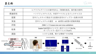 23
まとめ
背景 ヒアラブルデバイスの操作性向上（物理的負担，操作数の限界）
関連研究 ハンドジェスチャ入力，外部デバイスによるジェスチャ入力
提案 空中ジェスチャで発生する音漏れ信号のドップラー効果の利用
実装 空中ジェスチャの選定 → 8状態と6状態の認識率調査
評価 CNNによるLeave-one-out cross-validation
結果
Stableの8状態をインイヤー型デバイスで78.7%，
オープンイヤー型デバイスで73.4％
議論 システム改善，様々な環境下での評価
①音楽の再生 ②信号の音漏れ
③音漏れの反射
 