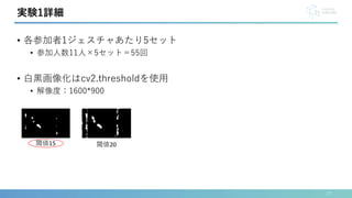 • 各参加者1ジェスチャあたり5セット
• 参加人数11人×5セット＝55回
• 白黒画像化はcv2.thresholdを使用
• 解像度：1600*900
27
実験1詳細
閾値15 閾値20
 