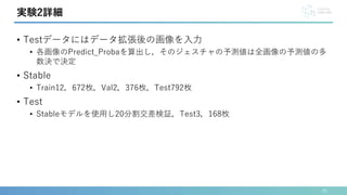 • Testデータにはデータ拡張後の画像を入力
• 各画像のPredict_Probaを算出し，そのジェスチャの予測値は全画像の予測値の多
数決で決定
• Stable
• Train12，672枚，Val2，376枚，Test792枚
• Test
• Stableモデルを使用し20分割交差検証，Test3，168枚
28
実験2詳細
 