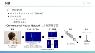 9
手順
• データ前処理
• バンドストップフィルタ（20kHz）
• データ拡張
• カラーバー設定
• 画像引き延ばし
• Convolutional Neural Networkによる深層学習
EarHoverの概要図
 