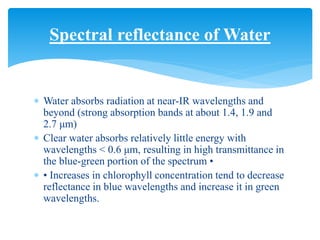  Water absorbs radiation at near-IR wavelengths and
beyond (strong absorption bands at about 1.4, 1.9 and
2.7 μm)
 Clear water absorbs relatively little energy with
wavelengths < 0.6 μm, resulting in high transmittance in
the blue-green portion of the spectrum •
 • Increases in chlorophyll concentration tend to decrease
reflectance in blue wavelengths and increase it in green
wavelengths.
Spectral reflectance of Water
 