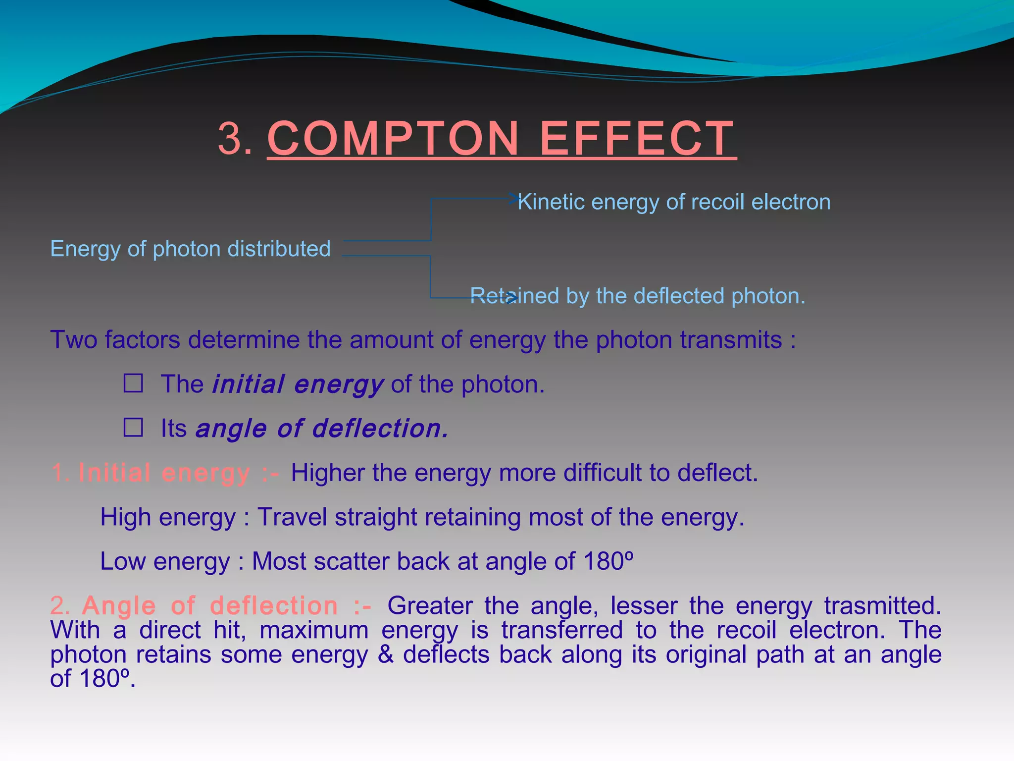 Kinetic energy of recoil electron
Energy of photon distributed
Retained by the deflected photon.
Two factors determine the amount of energy the photon transmits :
 The initial energy of the photon.
 Its angle of deflection.
1. Initial energy :- Higher the energy more difficult to deflect.
High energy : Travel straight retaining most of the energy.
Low energy : Most scatter back at angle of 180º
2. Angle of deflection :- Greater the angle, lesser the energy trasmitted.
With a direct hit, maximum energy is transferred to the recoil electron. The
photon retains some energy & deflects back along its original path at an angle
of 180º.
3. COMPTON EFFECT
 