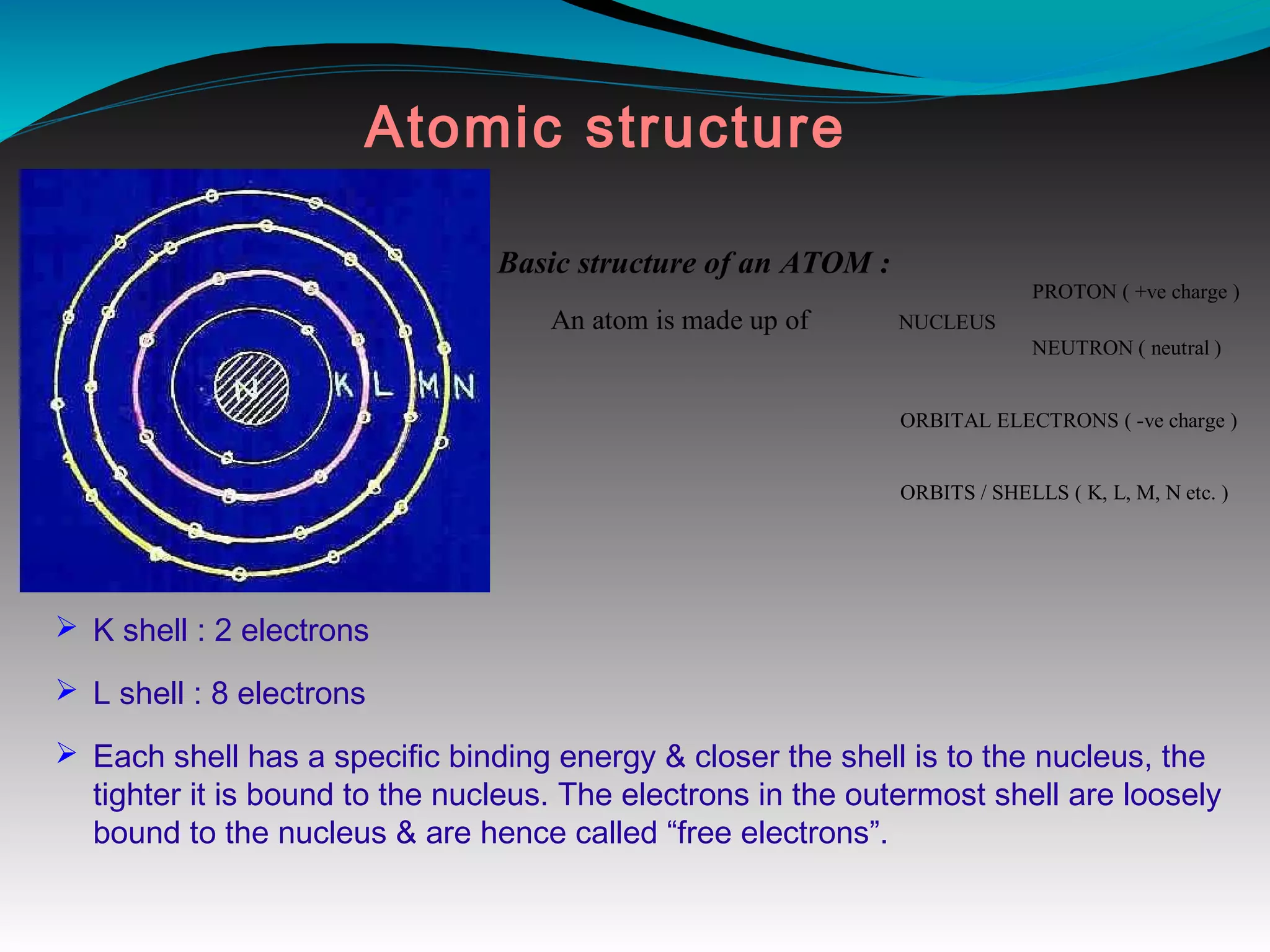 Atomic structure
Ø K shell : 2 electrons
Ø L shell : 8 electrons
Ø Each shell has a specific binding energy & closer the shell is to the nucleus, the
tighter it is bound to the nucleus. The electrons in the outermost shell are loosely
bound to the nucleus & are hence called “free electrons”.
Basic structure of an ATOM :
PROTON ( +ve charge )
An atom is made up of NUCLEUS
NEUTRON ( neutral )
ORBITAL ELECTRONS ( -ve charge )
ORBITS / SHELLS ( K, L, M, N etc. )
 