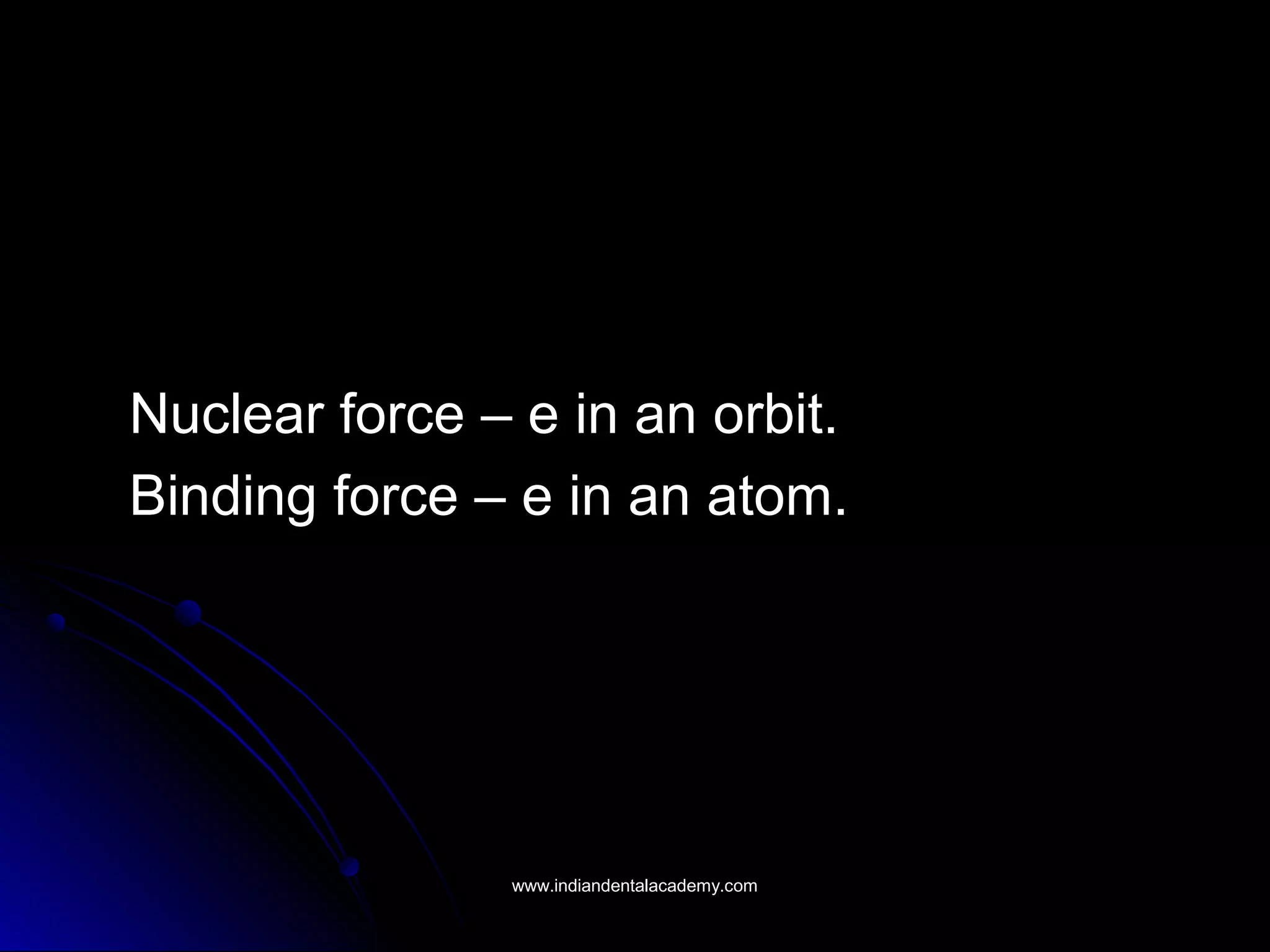 Nuclear force – e in an orbit.Nuclear force – e in an orbit.
Binding force – e in an atom.Binding force – e in an atom.
www.indiandentalacademy.comwww.indiandentalacademy.com
 