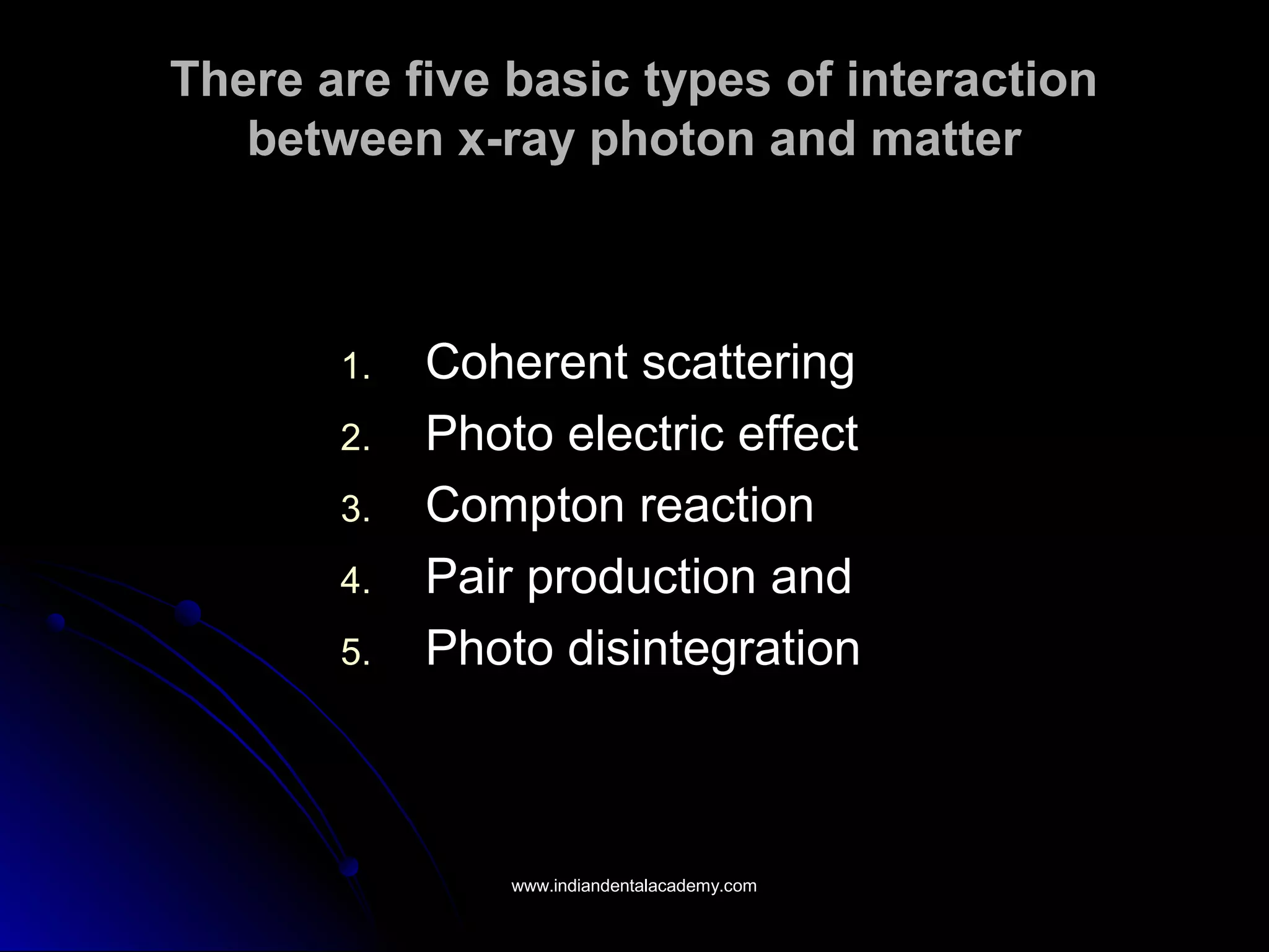 There are five basic types of interactionThere are five basic types of interaction
between x-ray photon and matterbetween x-ray photon and matter
1.1. Coherent scatteringCoherent scattering
2.2. Photo electric effectPhoto electric effect
3.3. Compton reactionCompton reaction
4.4. Pair production andPair production and
5.5. Photo disintegrationPhoto disintegration
www.indiandentalacademy.comwww.indiandentalacademy.com
 